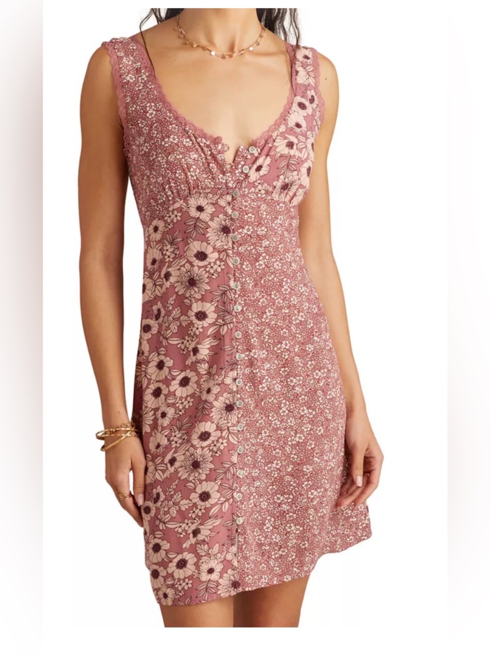 Lucky Brand Rose-Mauve Floral Button-Front Mini Dress with laced back detail. XL